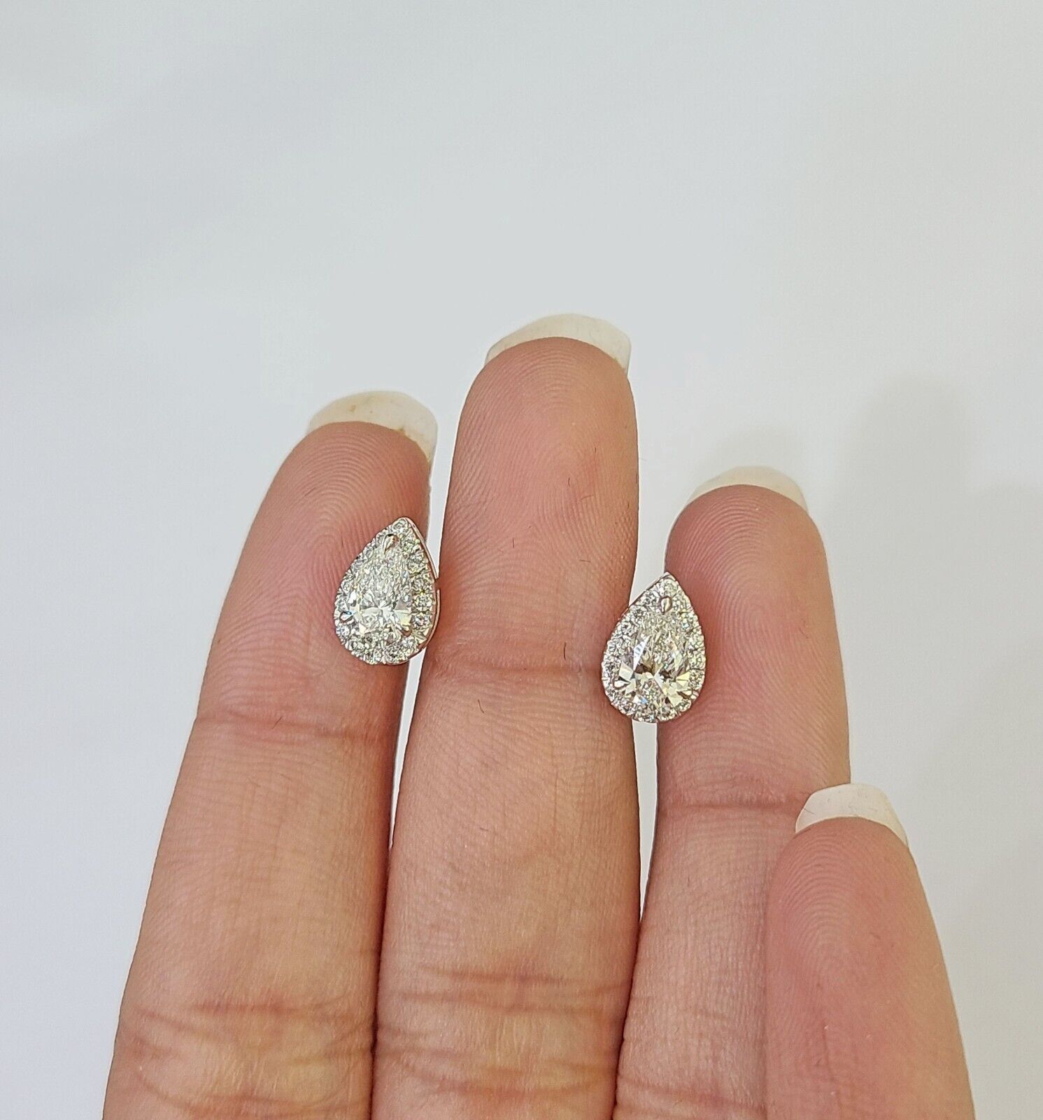 14k White gold Pear Earrings Diamond screw - back Lab Created Women Men Studs - GoldenlinQ